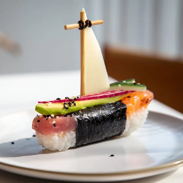 Playful Sushi Sailboats filled with tuna and salmon, perfect for a party, bursting with fresh flavors.
