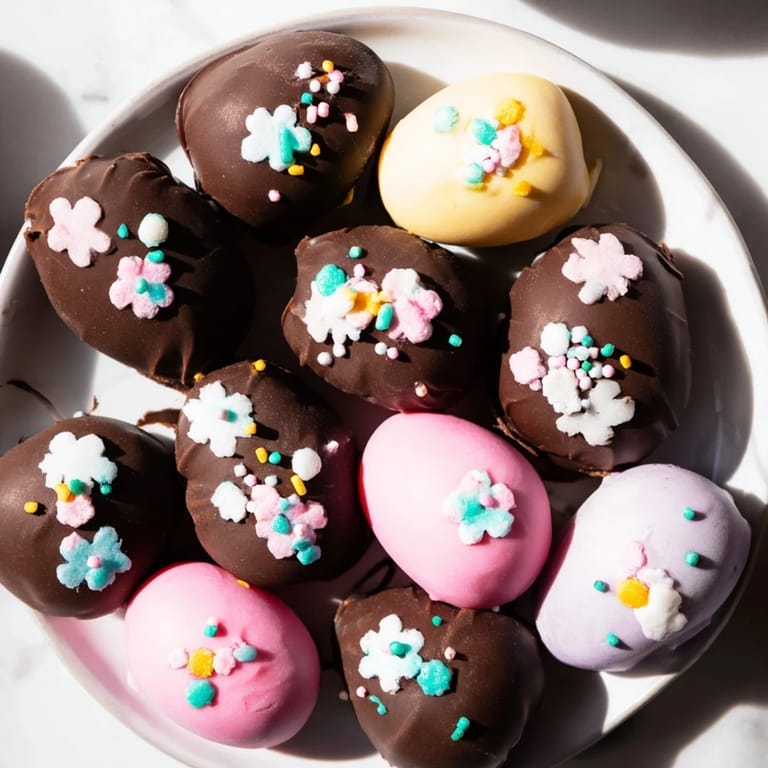 Homemade Easter candy display: Delicious decorated egg candies, drizzled with chocolate and ready for enjoyment.