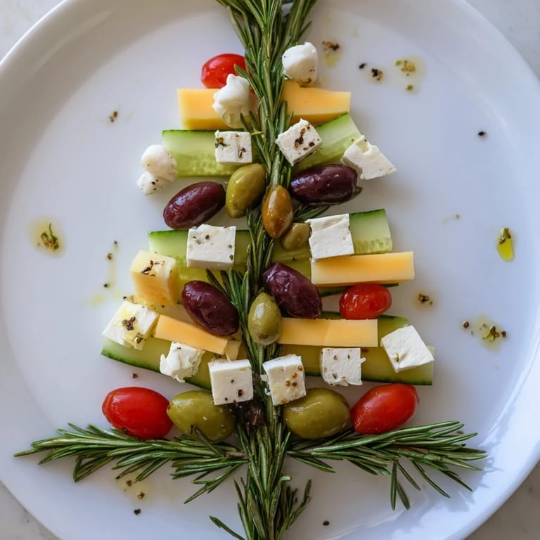 Marinated olives and cheeses forming a delicious Pine Tree Shaped Olive Wreath, perfect for party guests to enjoy.