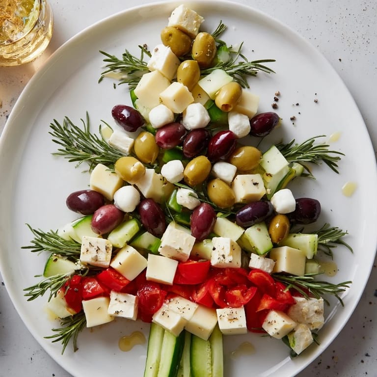 A beautiful holiday Cheese & Olives: Pine Tree Olive Wreath—a Mediterranean appetizer with colorful cheese and olive arrangement.