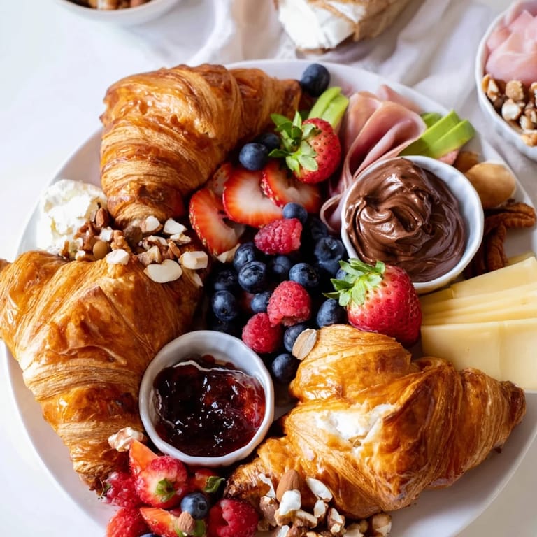 Golden-brown Cozy Fireplace Croissant Board, a beautiful breakfast featuring sweet jams alongside savory brie.