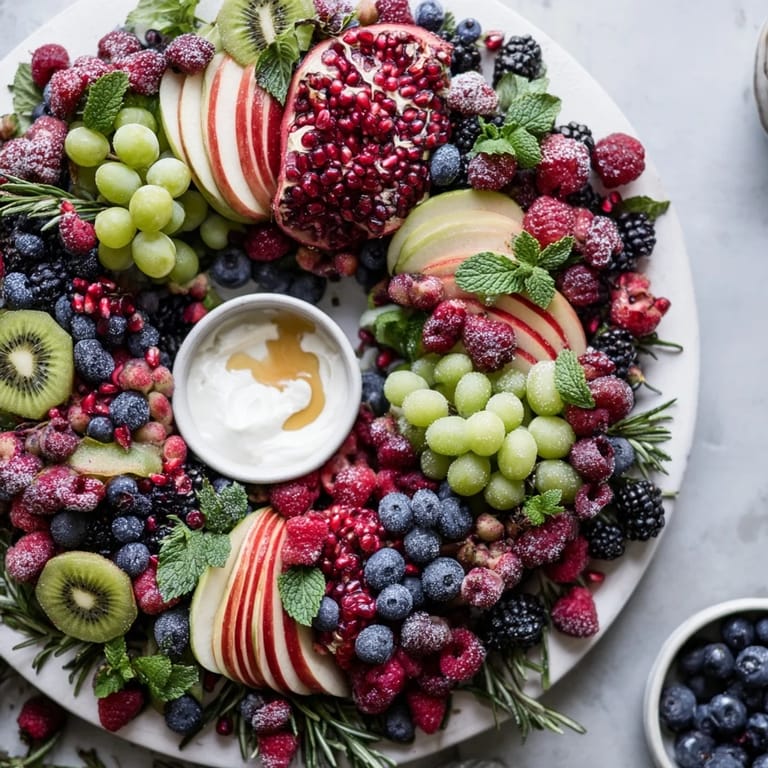Vibrant and festive, this Christmas-themed Winter Berry Wreath Fruit Board offers a healthy dessert option.