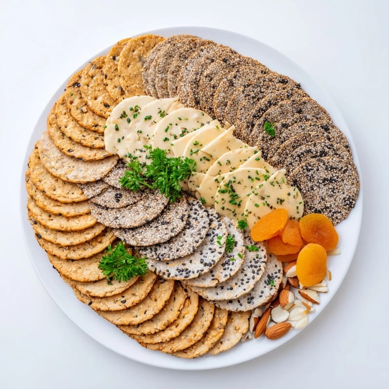 Close-up of a gourmet crackers assortment, with herbs and nuts, a beautiful appetizer.