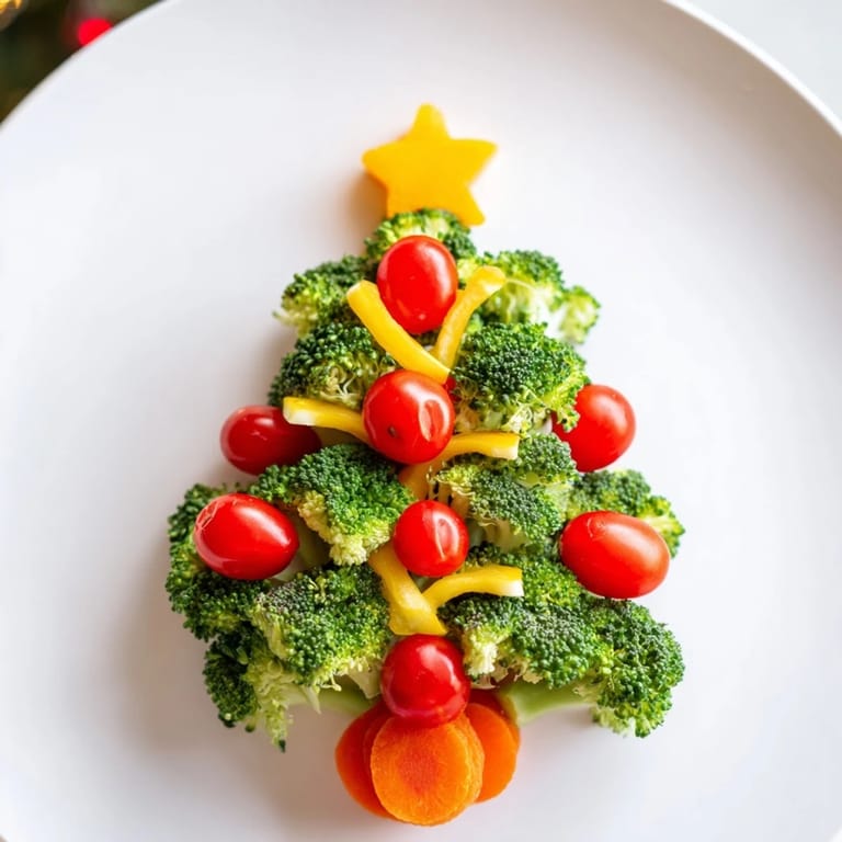 Festive Broccoli Tree appetizer, showcasing cherry tomato decorations and yellow pepper "garland" on a platter.