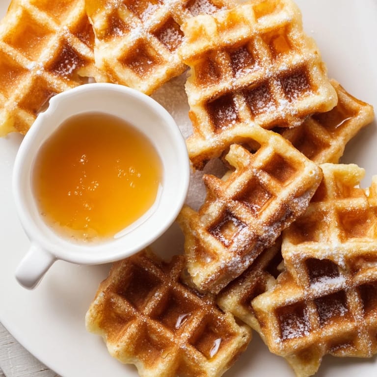 Delicious waffle quarters, cooked until golden, alongside a small, inviting syrup dip bowl.