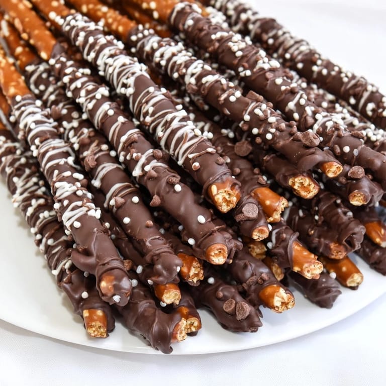 This decadent chocolate covered pretzel stick stack features a gorgeous drizzle, a beautiful party treat!
