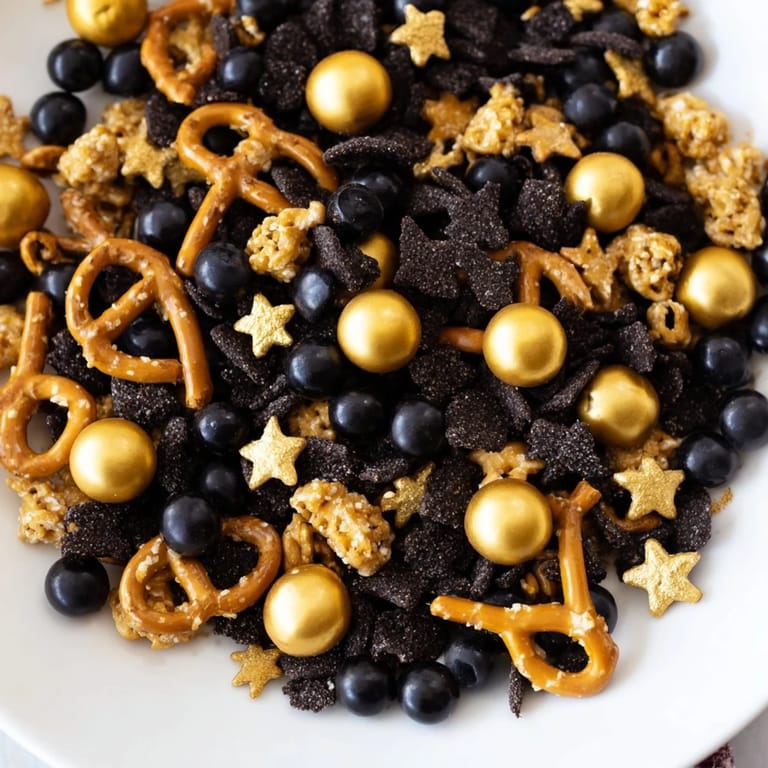 Crispy black cocoa cereal and gold sprinkles combine in this delicious midnight snack mix.