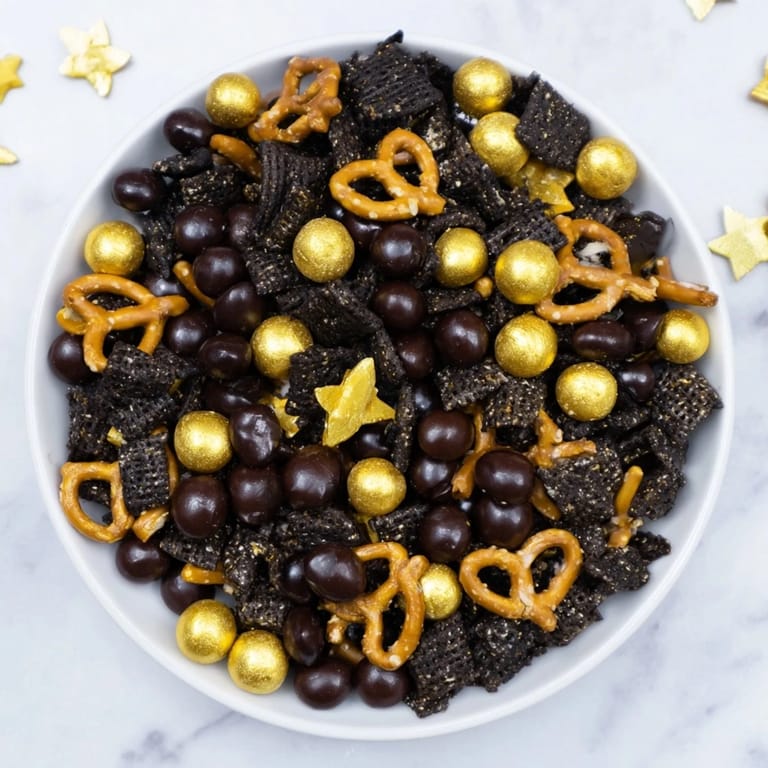 Sweet and salty gourmet midnight snack mix with dark chocolate chips is ready to enjoy.
