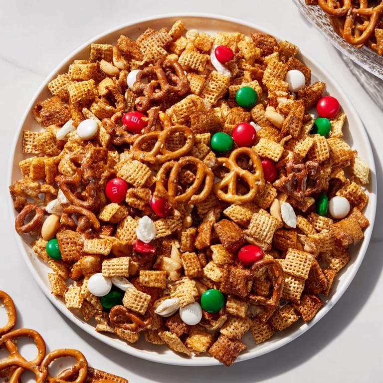 Golden-brown Holiday Mix baked to perfection, filled with crispy cereal and sweet treats.