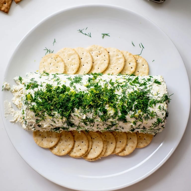 Tangy herb-coated cheese log, a beautiful appetizer on a platter with crackers for dipping.
