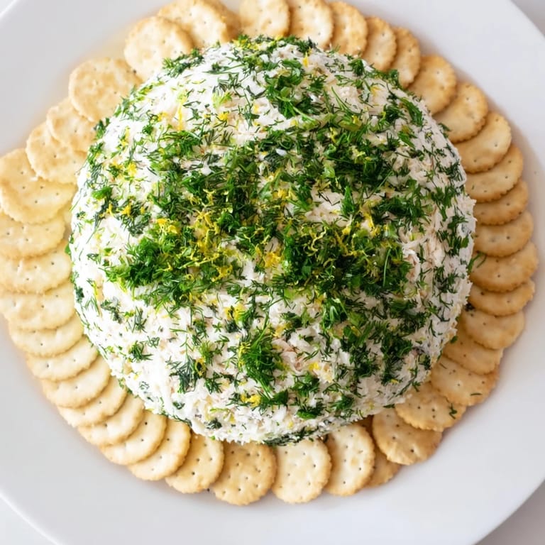 A visually appealing, creamy herb-coated cheese log ready to be served with savory crackers.