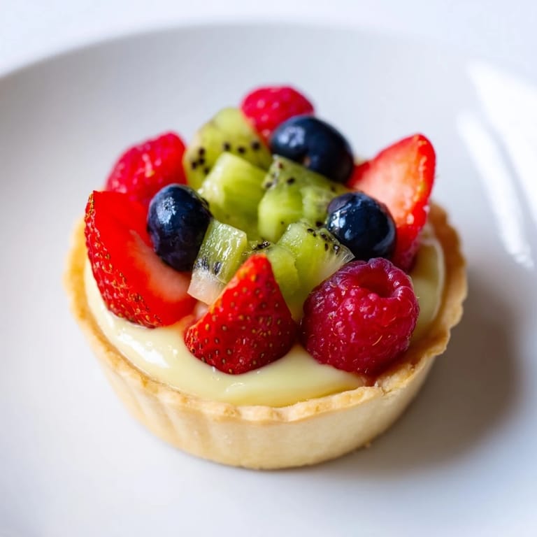 A visually stunning circle arrangement of fresh fruit topping lovely mini fruit tartlets, ready to enjoy.