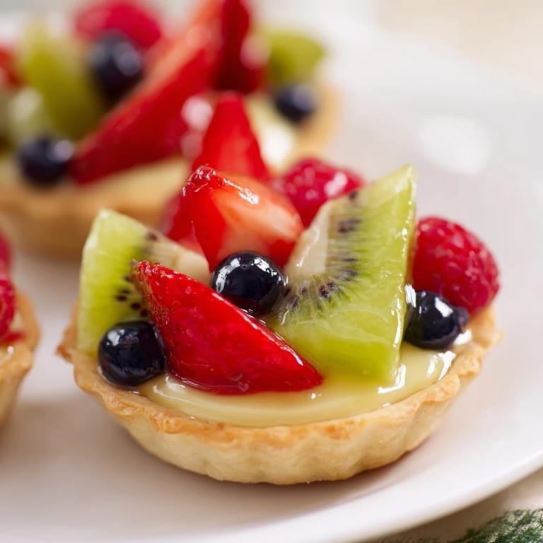 Buttery, golden mini fruit tartlets showing a colorful fruit mosaic, a perfect dessert centerpiece.