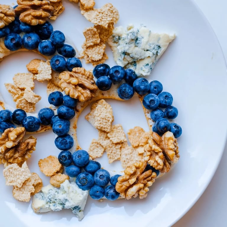 Close-up of The Olympic Rings Interlock: blue cheese, tomatoes, and other colorful components beautifully arranged.
