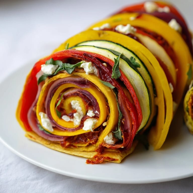A close-up of a spiral-cut Santa Wrap, showing roasted veggie fillings and fluffy feta cheese.