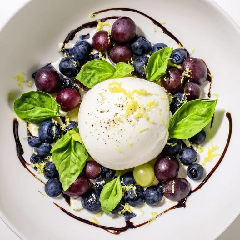 Fresh blueberries and grapes surround a creamy burrata moon in this vibrant Moonlit Lagoon salad recipe.