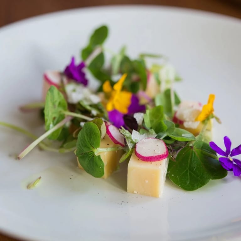 Inviting view of the Secret Garden appetizer: cheese hidden beneath microgreens and edible blooms.