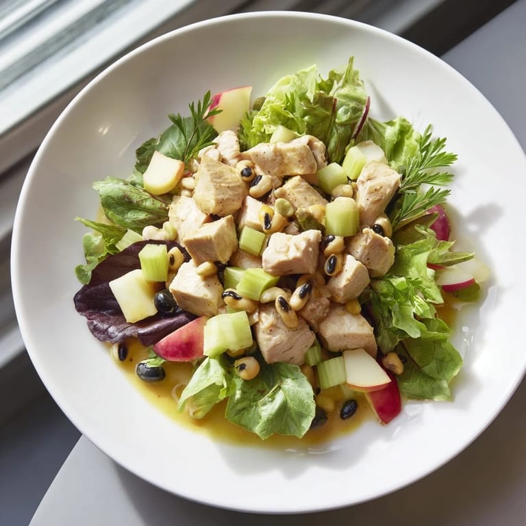 A vibrant bowl of Chicken and Apple New Years Luck Salad showcases crisp apples and colorful ingredients perfect for a celebration.