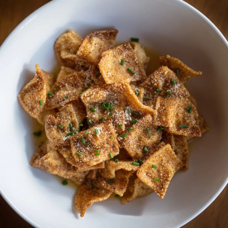 Golden pasta chip cereal swimming in savory parmesan broth, a tasty and unique recipe.