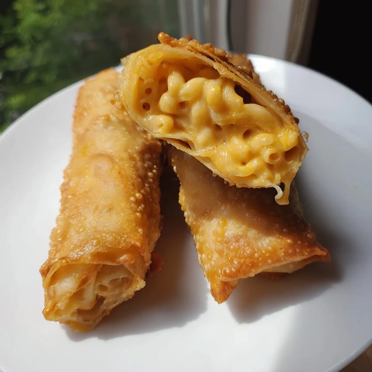 Close-up of flaky, air-fried Tinis Mac and Cheese Lumpia Rolls, a fun appetizer with creamy filling.