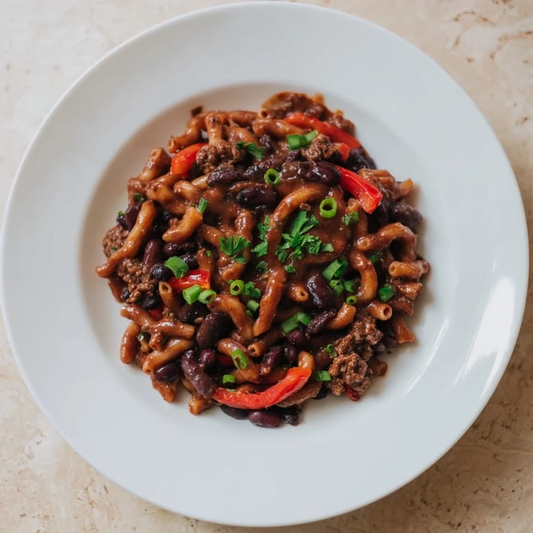 A close-up view of the hearty one-pot ditalini and hot cocoa chili with visible beans and tender pasta.