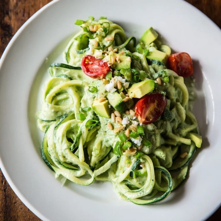 Vibrant bowl of Green Goddess Zoodle Pasta, featuring spiralized zucchini and colorful fresh herbs.