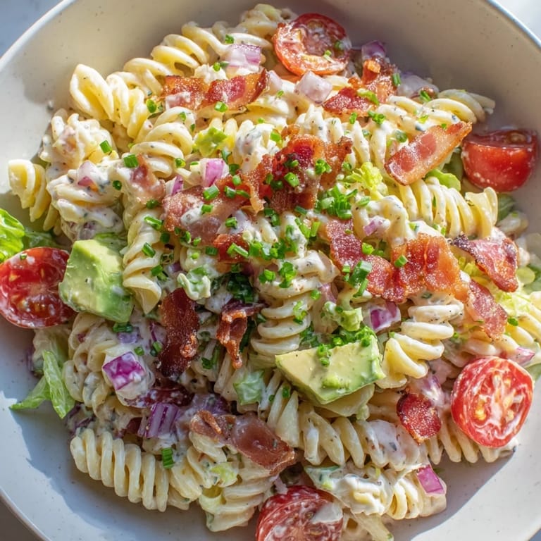 A colorful photo of BLT Pasta Salad, ready to be enjoyed with flavorful bacon and a creamy dressing.