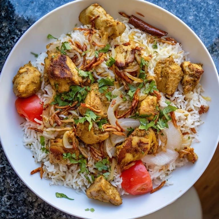 Golden-hued Easy Chicken Biryani, garnished with cilantro, offers a taste of flavorful, spiced comfort.