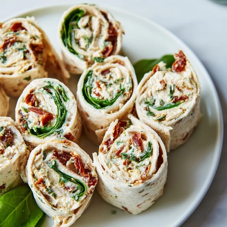 Delicious, bite-sized Sun-Dried Tomato Turkey Roll-Ups ready to eat, served with fresh spinach.