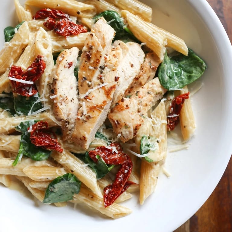 A close-up of a skillet brimming with Creamy Tuscan Chicken Pasta, perfectly plated and ready to enjoy.