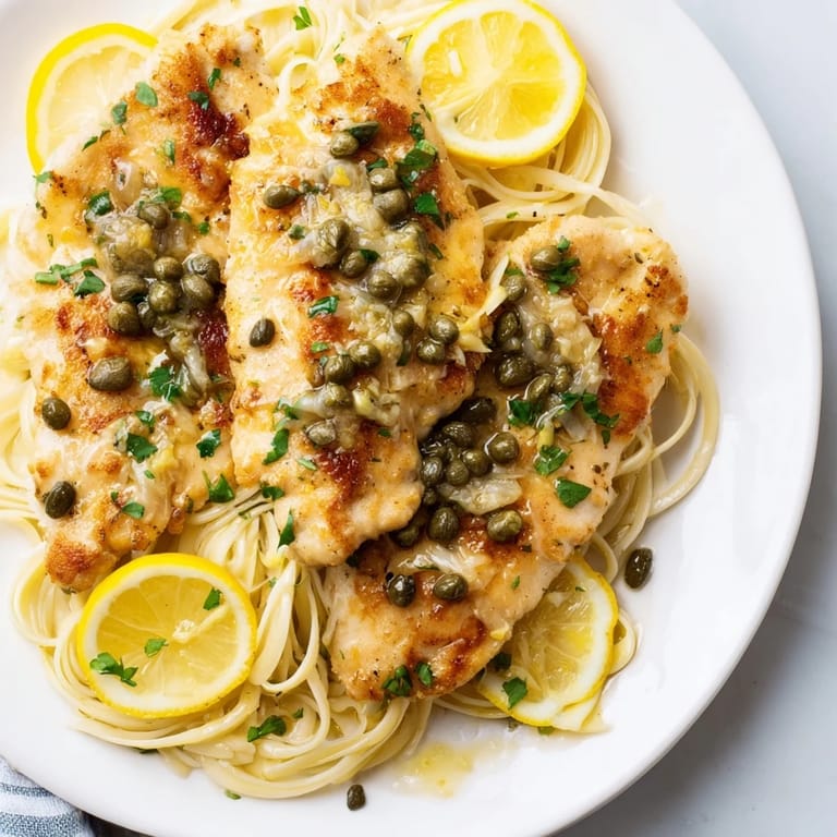 Close-up of Quick Chicken Piccata Pasta, showcasing tender chicken over perfectly cooked pasta and vibrant sauce.