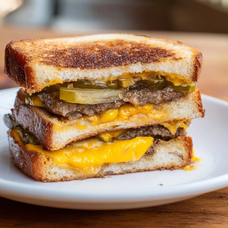 Warm, melty American cheese oozes over a perfectly cooked Smashed Burger Grilled Cheese, ready to eat.