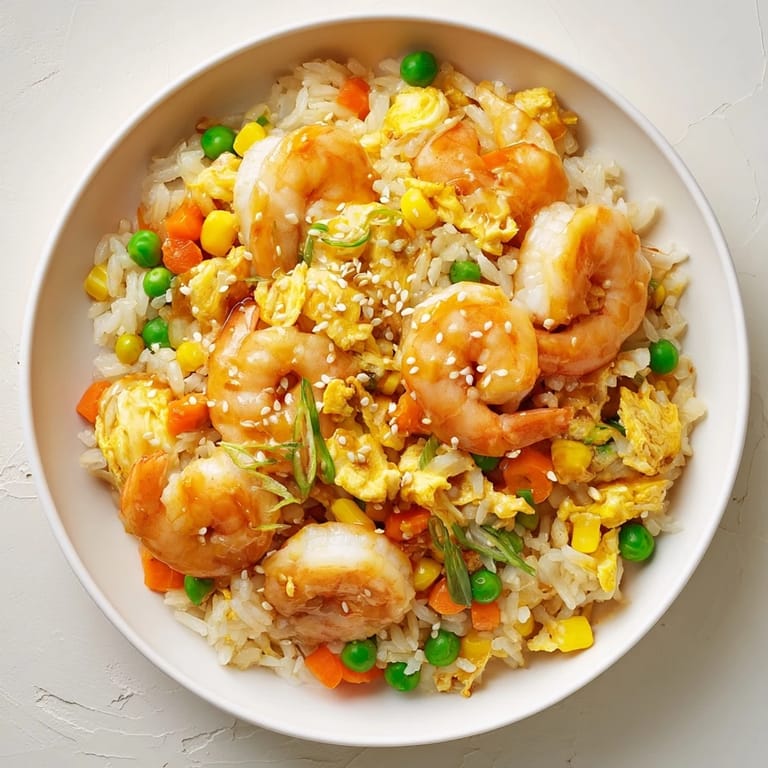 Savory shrimp fried rice: fresh scallions garnish fluffy rice with perfectly cooked shrimp.