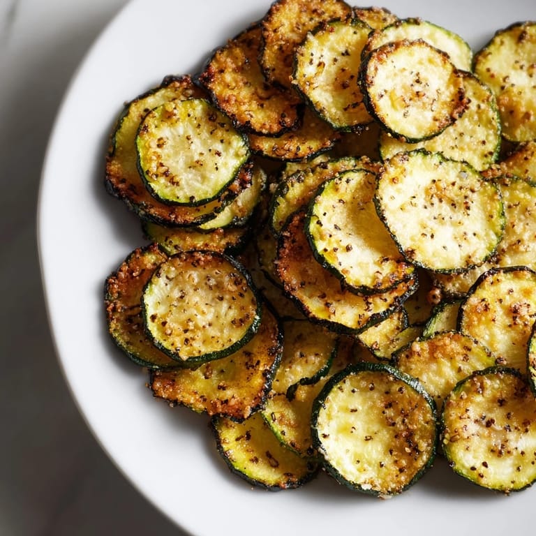 Close-up of perfectly crisp zucchini chips, beautifully golden, ideal for a gluten-free appetizer or snack.