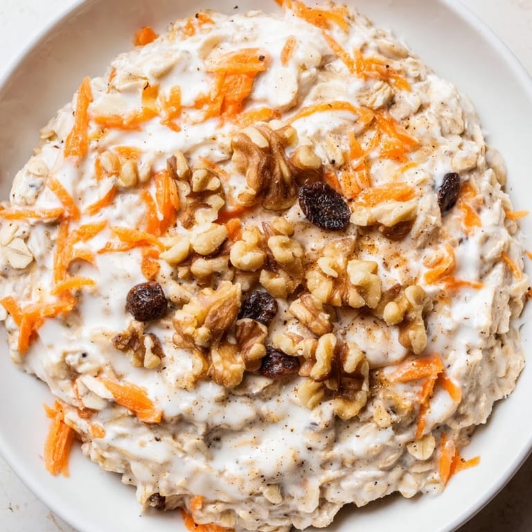 Creamy, layered Carrot Cake Overnight Oats, offering a glimpse of the sweet and spiced oat mixture.