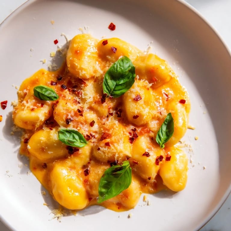 This photo shows freshly-made Creamy Tomato Gnocchi, glistening with Parmesan and garnished with basil leaves.