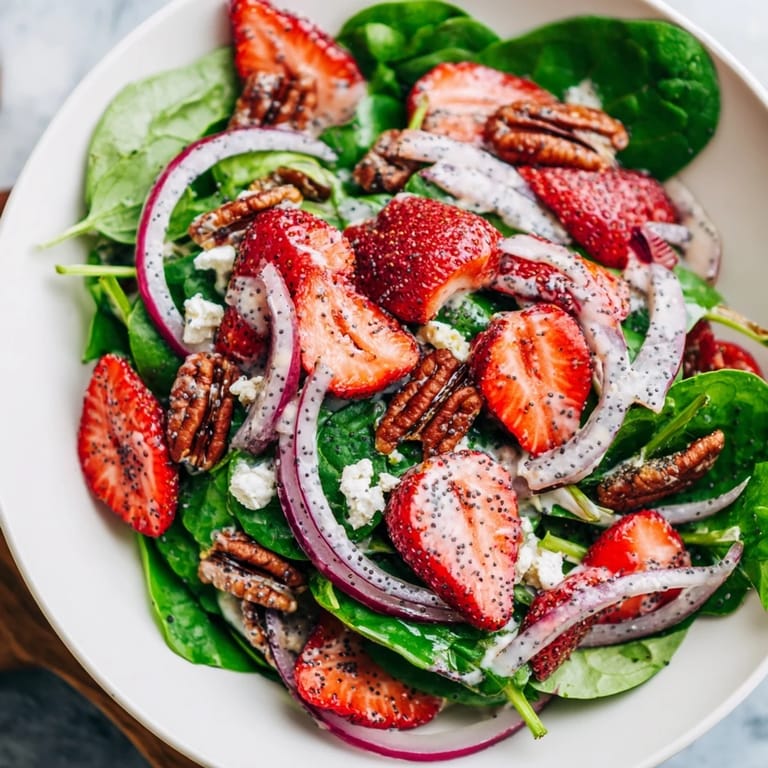 This delicious Strawberry Spinach Salad shows strawberries, spinach, and candied pecans, ready to serve.