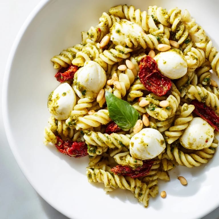 This pesto pasta salad features perfectly cooked pasta coated in vibrant green pesto, ready to eat.
