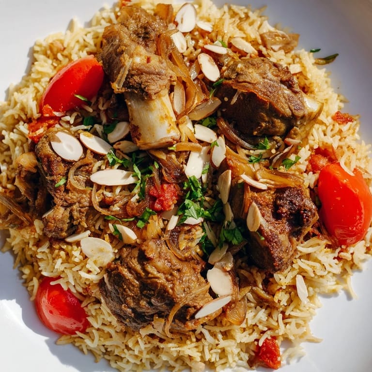 Rich, slow-cooked Qatari Majboos: showcasing savory lamb and fluffy rice infused with traditional spices.