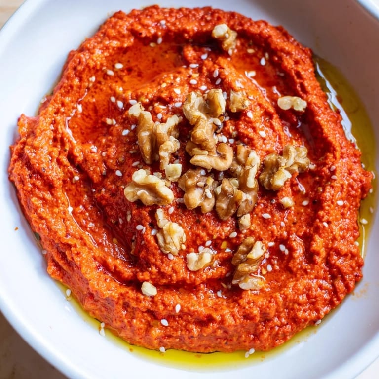 A close-up view of creamy Syrian muhammara, garnished with sesame seeds and drizzled oil, ready to serve.