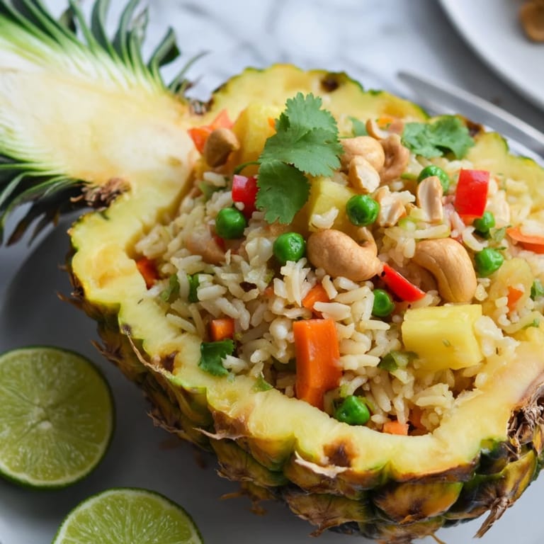 Savory and sweet Pineapple Fried Rice, perfectly seasoned and cooked with diced carrots and crunchy cashews.