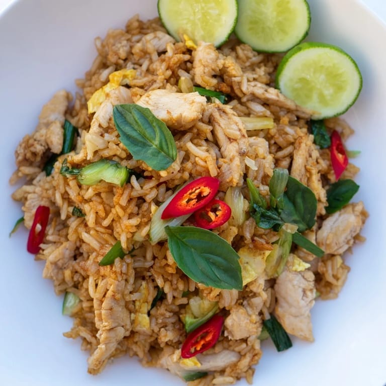 Steaming bowl of delicious Thai Basil Chicken Fried Rice, seasoned with fresh basil and served hot.