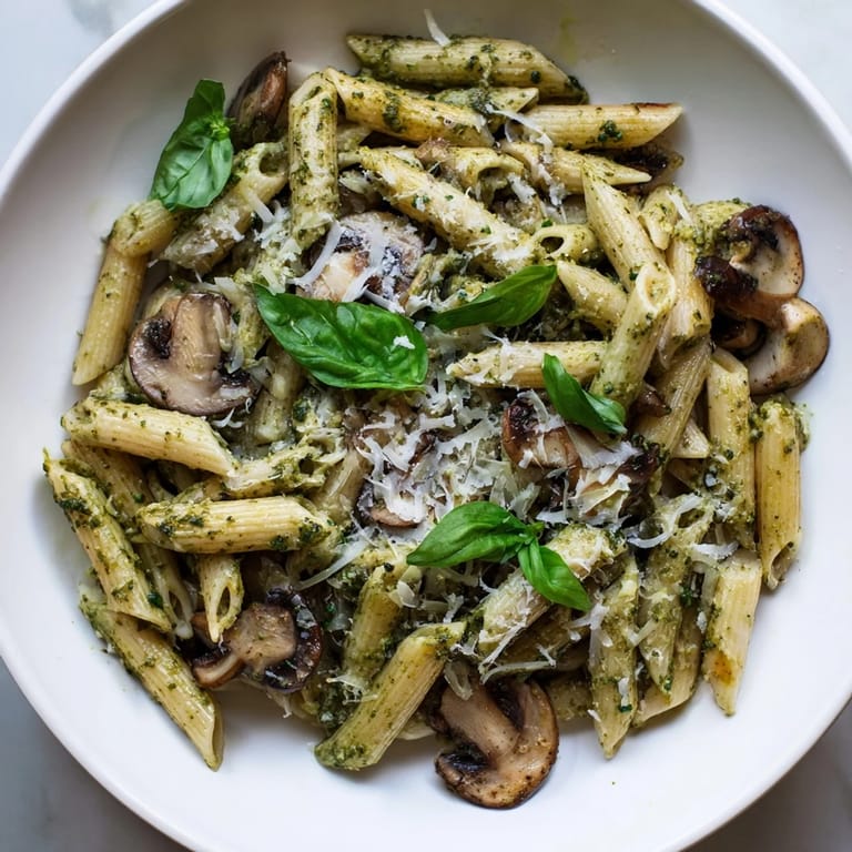 Savory cremini mushrooms sautéed with garlic, blended into a creamy pesto sauce for penne pasta, creating a rustic Italian-inspired meal perfect for a weeknight dinner.