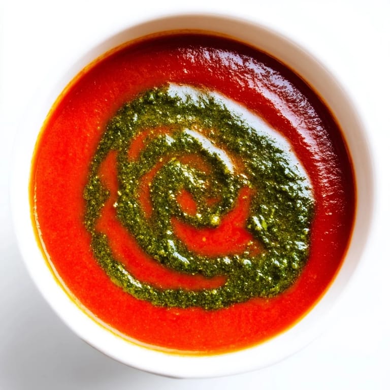 Overhead view of homemade tomato soup with basil pesto, garnished with fresh basil and a sprinkle of chili flakes, perfect for cozy dinners.