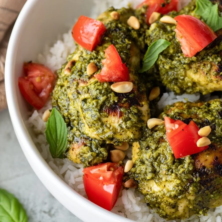 A close-up of tender chicken coated in vibrant pesto, topped with diced tomatoes and a sprinkle of Parmesan cheese.