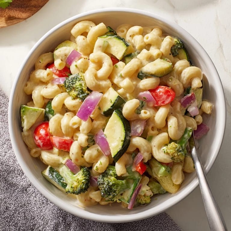 Savory Roasted Veggie Mac & Cheese steams in a ceramic dish, showcasing caramelized cherry tomatoes and zucchini pieces mixed through a rich, velvety cheddar sauce.
