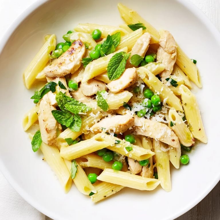 Pea & Mint Chicken Pasta served on a rustic wooden table, garnished with fresh mint and shaved parmesan, perfect for a spring dinner.