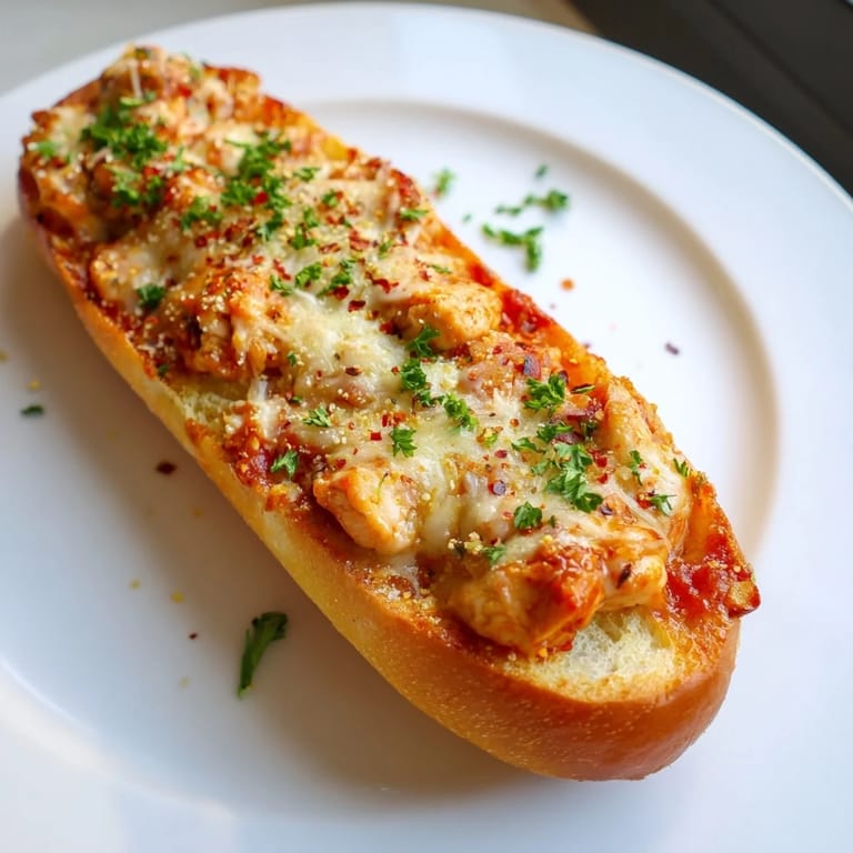 Sliced on a platter, Chicken Parm Stuffed Garlic Bread reveals layers of garlic butter, marinara, and Parmesan, perfect for a game-day snack.