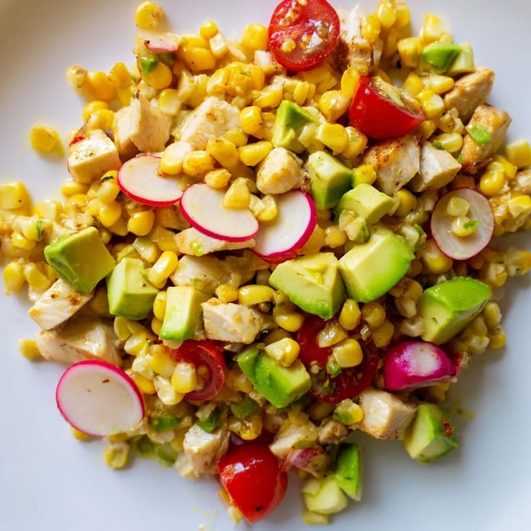 Fresh Roasted Corn & Chicken Chopped Salad served in a rustic bowl, garnished with cilantro and ready for a light lunch.