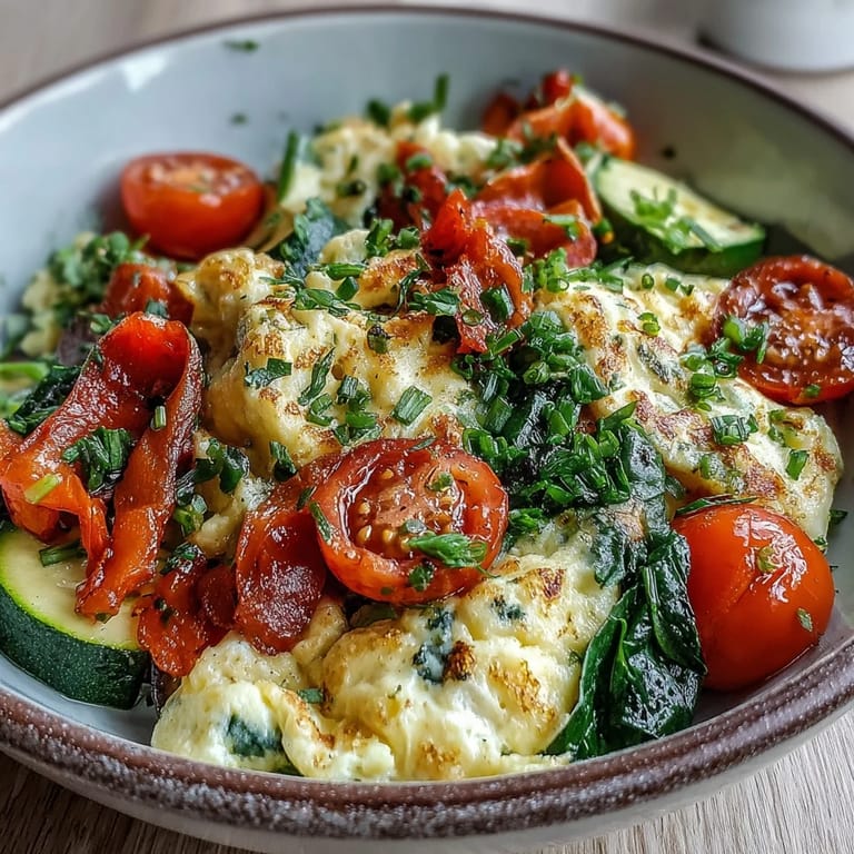 Hearty egg and vegetable scramble with fresh herbs, a visually appealing quick breakfast.